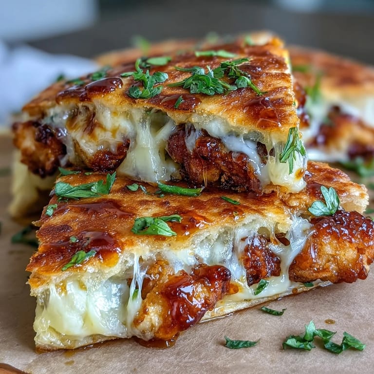Close-up of a crispy flour tortilla filled with Cheesy Hot Honey Chicken Quesadillas, drizzled with creamy white jalapeño sauce. The golden, buttery exterior contrasts with the juicy, reddish-orange filling, ready to be enjoyed as a crowd-pleasing appetizer.