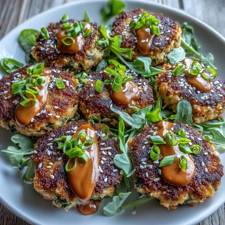 Overhead view showcases nine crispy Asian-Style Tuna Cakes arranged with a small bowl of spicy mayo for dipping. The golden panko crust and specks of green onion highlight the savory texture, ideal for a flavorful appetizer or lunch.