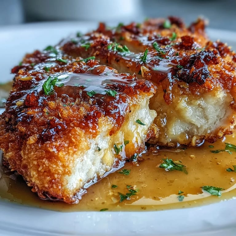 Four crispy breaded chicken breasts topped with lemon slices and fresh parsley, served alongside creamy angel hair pasta for a family meal.