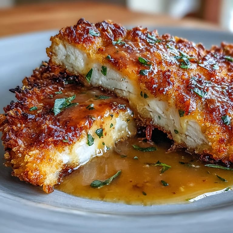 Close-up of a golden, crunchy Parmesan-coated chicken cutlet being drizzled with warm, melted lemon butter sauce and fresh herbs.