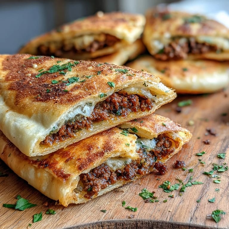 Crackling Crispy Lebanese Arayes with juicy meat filling stacked on a serving platter.