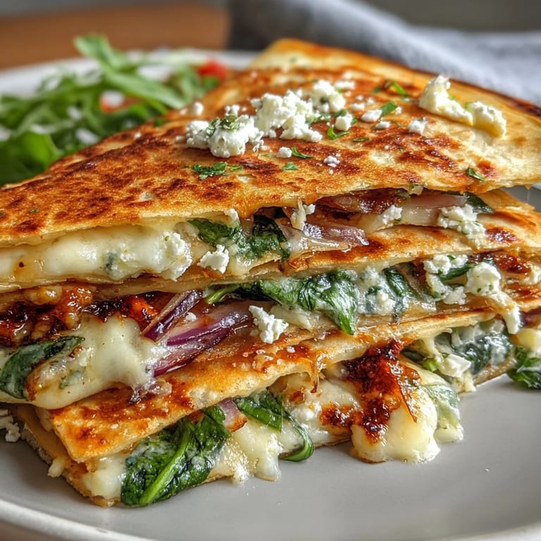 Freshly cooked Mediterranean quesadillas filled with wilted spinach and melty cheeses, plated with a side of creamy tzatziki. 