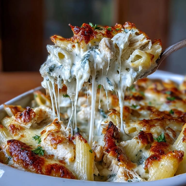 Slice of high-protein Greek Yogurt Chicken Alfredo Bake served on a white plate with a side salad and fresh herbs.