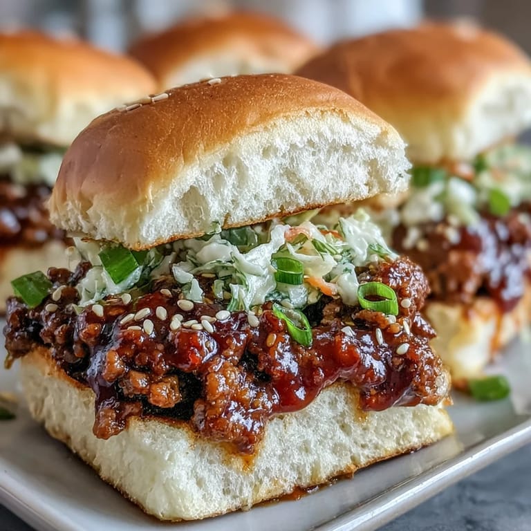 A close-up shows the juicy gochujang turkey filling and crunchy cabbage slaw in these easy Korean Turkey Sloppy Joe Sliders.