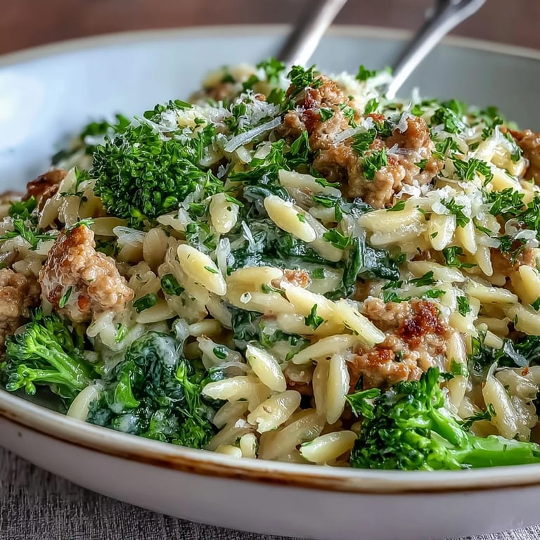 Freshly made Creamy Garlic Turkey & Broccoli Orzo served in a white bowl, garnished with parsley and extra cheese.