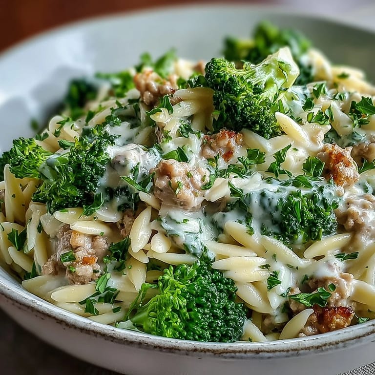 A close-up view of Creamy Garlic Turkey & Broccoli Orzo revealing the creamy sauce and juicy turkey mince throughout.