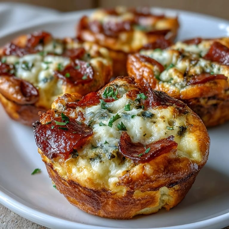 Close-up of a halved High-Protein Pepperoni Breakfast Cup revealing the tender, pizza-inspired filling of pepperoni, bell peppers, and gooey cheese.