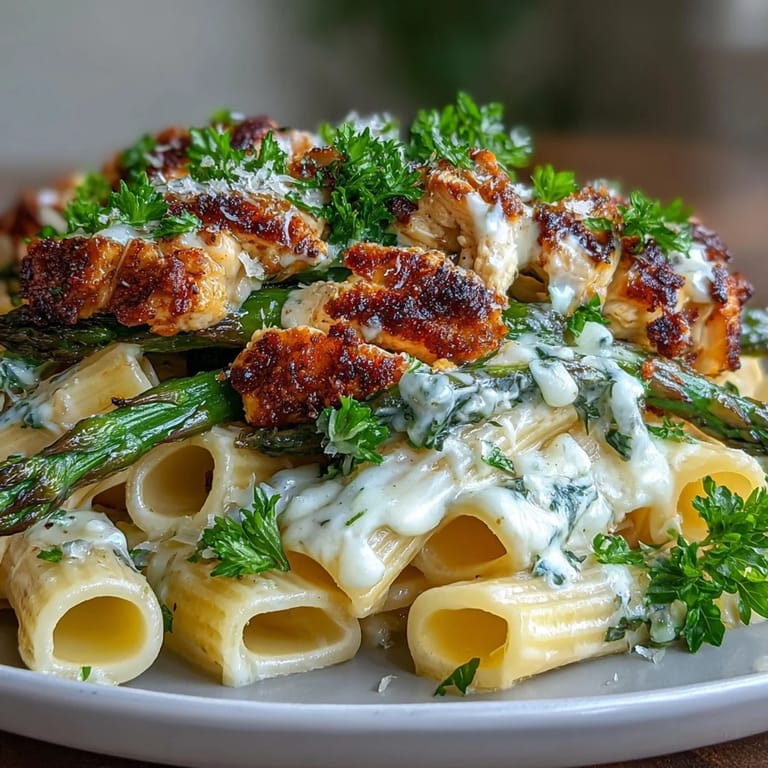 Crispy Parmesan Asparagus Chicken Pasta highlights roasted asparagus with golden cheese edges, sliced seared chicken, and silky penne in a lemon cream sauce.