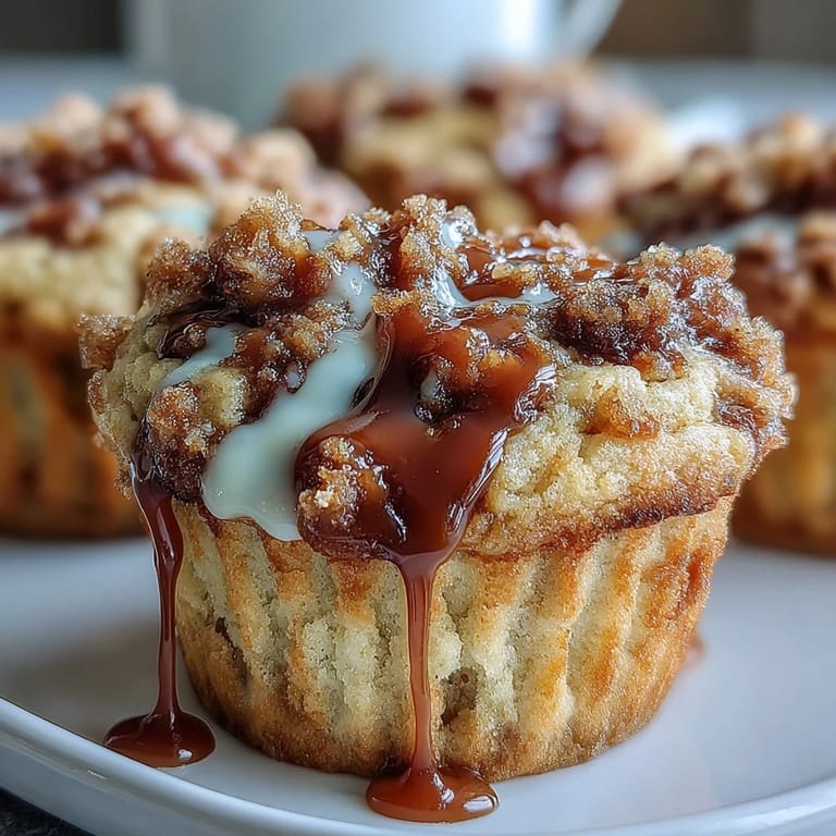 Warm Caramel Cream Cheese Swirl Muffins with gooey centers, drizzled with caramel and arranged on a white marble countertop.