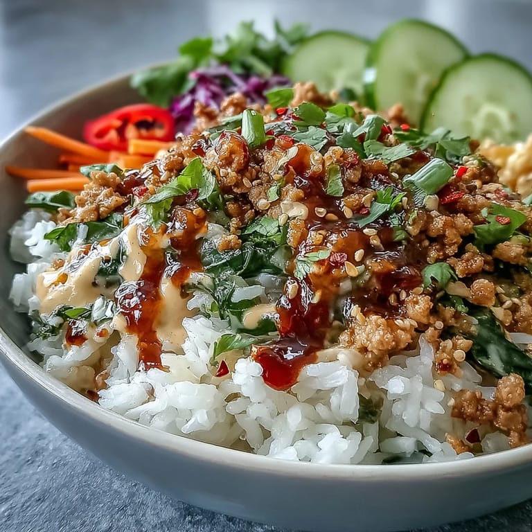 Spicy bang bang turkey rice bowls garnished with sesame seeds and lime, perfect weeknight dinner.
