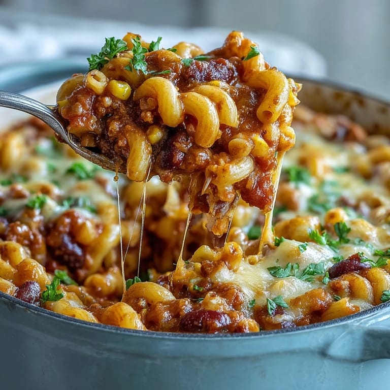 A steaming pot of One-Pot Tex-Mex Chili Mac with Corn, served with tortilla chips and sour cream.