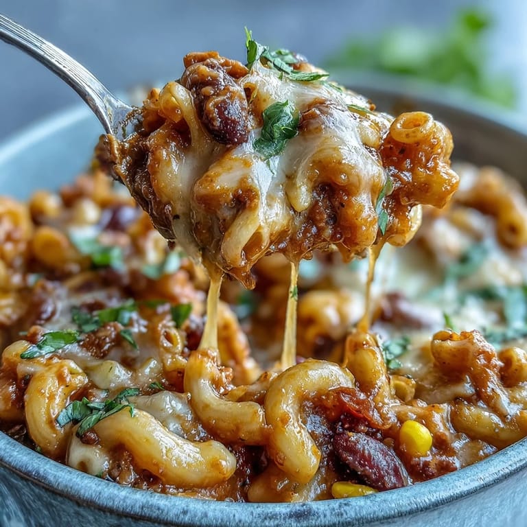 Close-up of One-Pot Tex-Mex Chili Mac with Corn, showing cheesy pasta, black beans, and sweet corn.