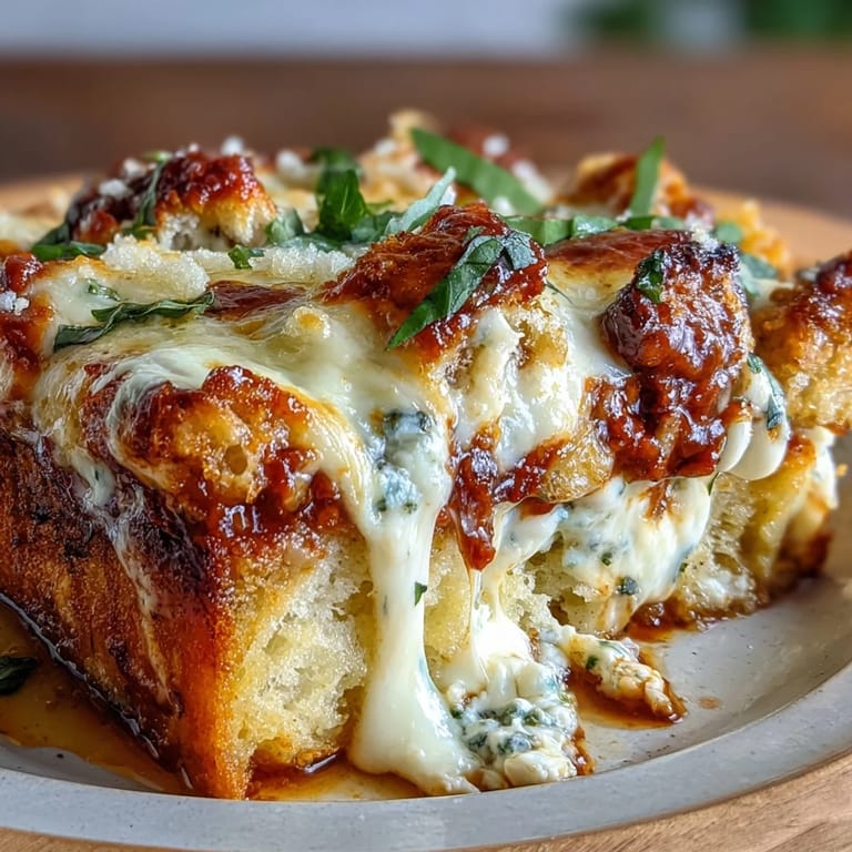 Sizzling Cheesy Garlic Bread Lasagna Skillet fresh from the oven, served family-style with a green salad on the side.