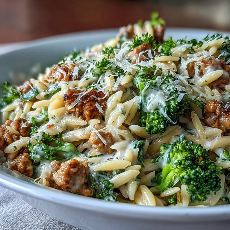 A close-up of Creamy Garlic Turkey & Broccoli Orzo with tender broccoli florets and juicy turkey in a silky sauce.