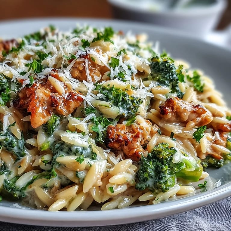 Family-style Creamy Garlic Turkey & Broccoli Orzo plated with a simple green salad, ready for a cozy weeknight dinner.
