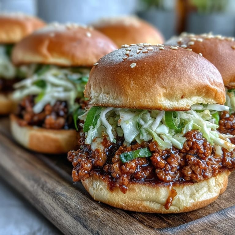 Hot Korean Turkey Sloppy Joe Sliders sit on a platter, garnished with sesame seeds and fresh green onions.