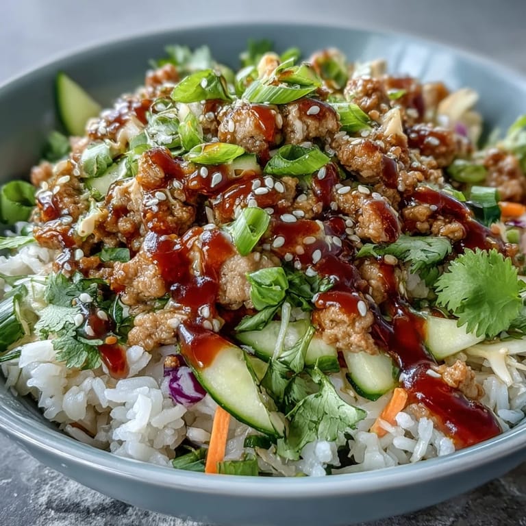 Steaming bowl of Spicy Bang Bang Turkey Rice Bowls featuring saucy ground turkey and crisp veggies for dinner.