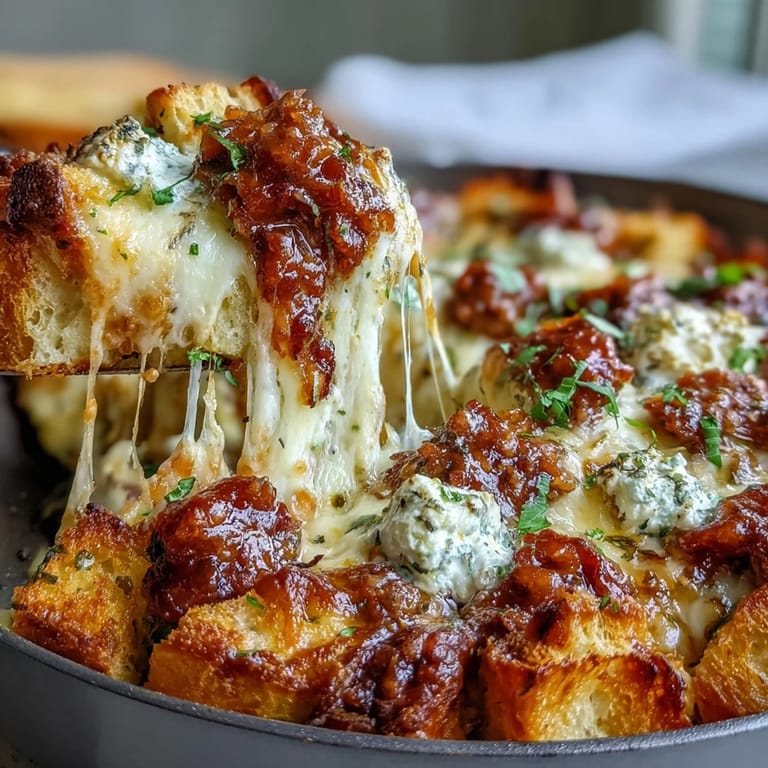 Overhead view of a baked Cheesy Garlic Bread Lasagna Skillet, showcasing golden, crispy edges, marinated meat sauce, and generous cheese topping in the pan.