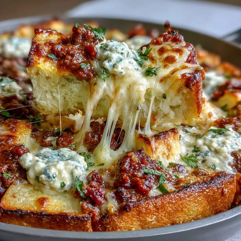 A rustic serving of Cheesy Garlic Bread Lasagna Skillet sits beside a crisp salad, with melted ricotta and Parmesan bubbling over buttery garlic bread cubes.