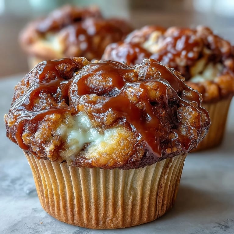 Warm Caramel Cream Cheese Swirl Muffins topped with thick caramel sauce and flaky sea salt, perfect for a sweet snack.