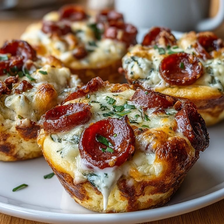 Savory High-Protein Pepperoni Breakfast Cups are plated with a small bowl of warm pizza sauce for dipping.