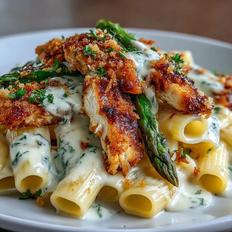 Penne pasta with tender chicken and roasted asparagus tossed in a creamy lemon-Parmesan sauce.