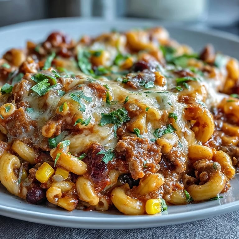Steaming One-Pot Tex-Mex Chili Mac with Corn on a skillet with diced jalapeños and fresh cilantro garnish for a spicy kick.