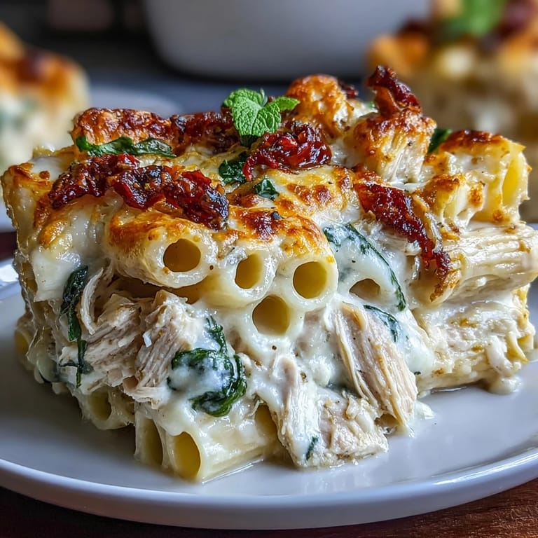 A close-up shows creamy Greek yogurt Alfredo sauce coating penne pasta with shredded chicken and wilted spinach.