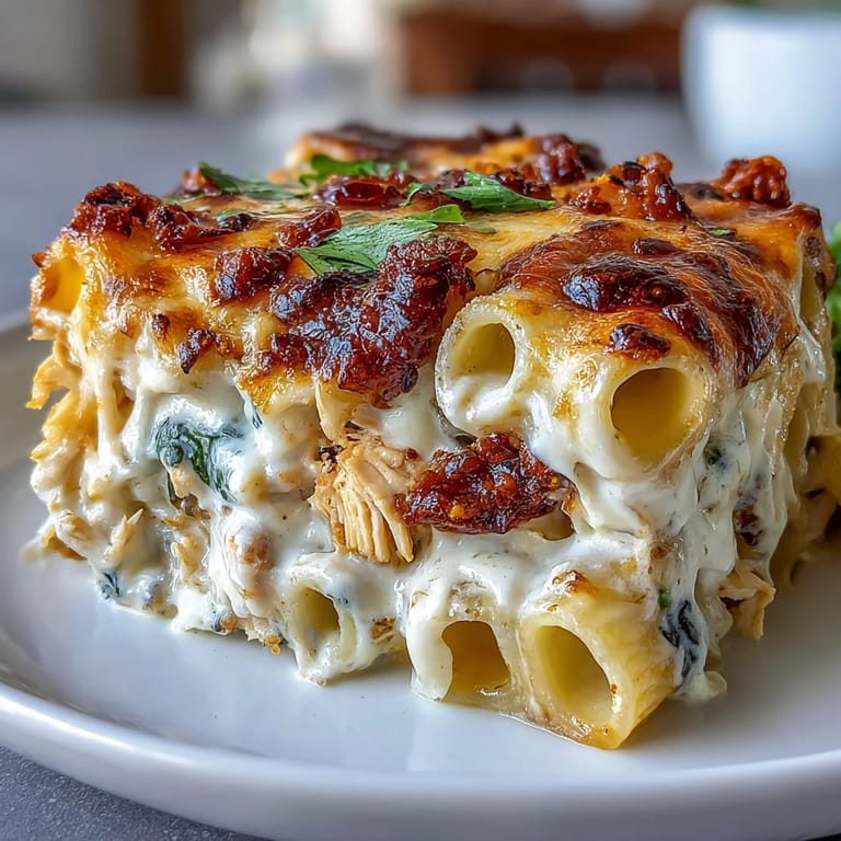 Served in a baking dish, the Greek Yogurt Chicken Alfredo Bake features a golden crust and vibrant sun-dried tomatoes.