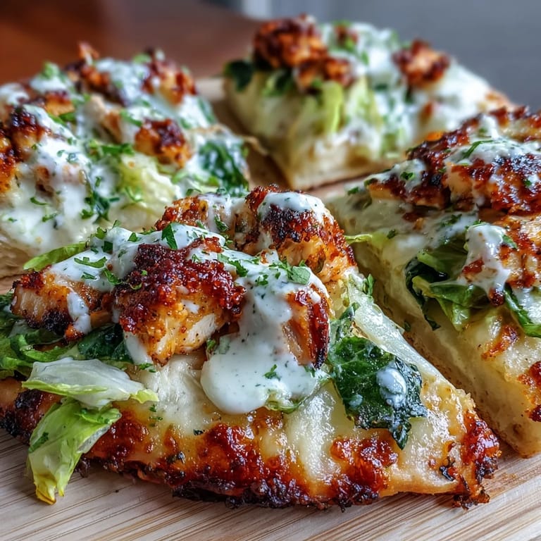Golden Garlic Naan Chicken Caesar Pizzas with garlicky bread and Caesar-dressed chicken ready to serve.