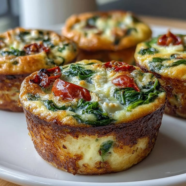 A close-up shows a golden High-Protein Egg Muffin Cup with Spinach and Tomatoes, revealing diced peppers and melted cheese.