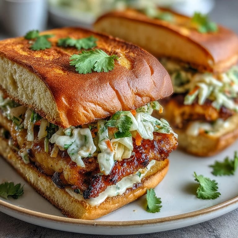 Crispy Thai fried chicken sandwich with bold flavors, creamy sriracha sauce, and vibrant pickled vegetables on a lightly toasted brioche bun.