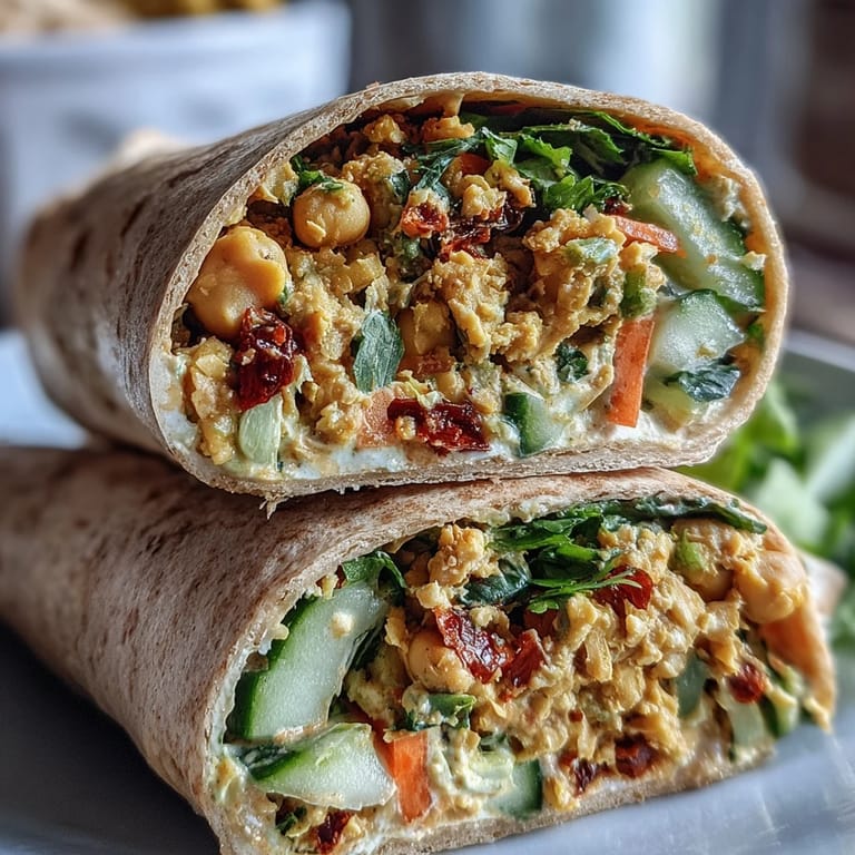 Creamy curry-spiced chickpea salad with crunchy vegetables and coconut yogurt, wrapped in soft tortillas for a flavorful meal.  