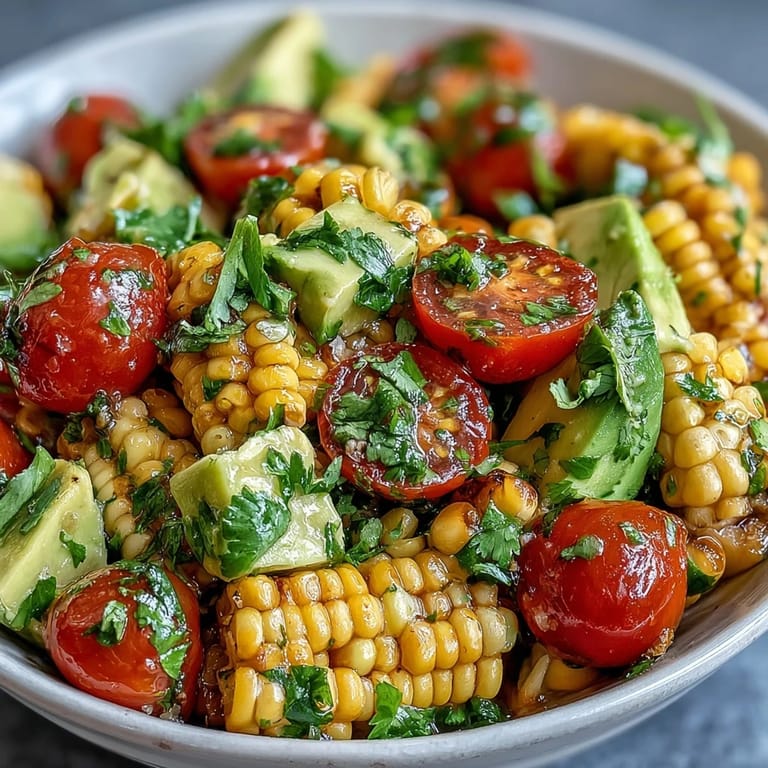 Colorful fresh corn and tomato salad with creamy avocado, bright lime dressing, and fresh cilantro for a light meal.  
