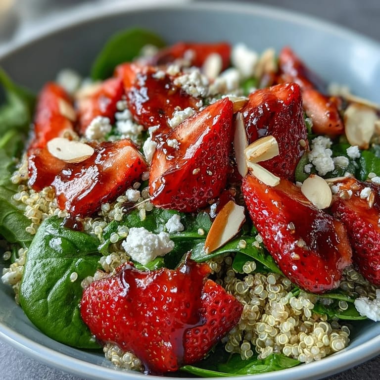 Enjoy a healthy strawberry spinach quinoa salad bursting with sweet strawberries, crunchy almonds, and tangy feta, drizzled with homemade balsamic vinaigrette for a satisfying lunch.