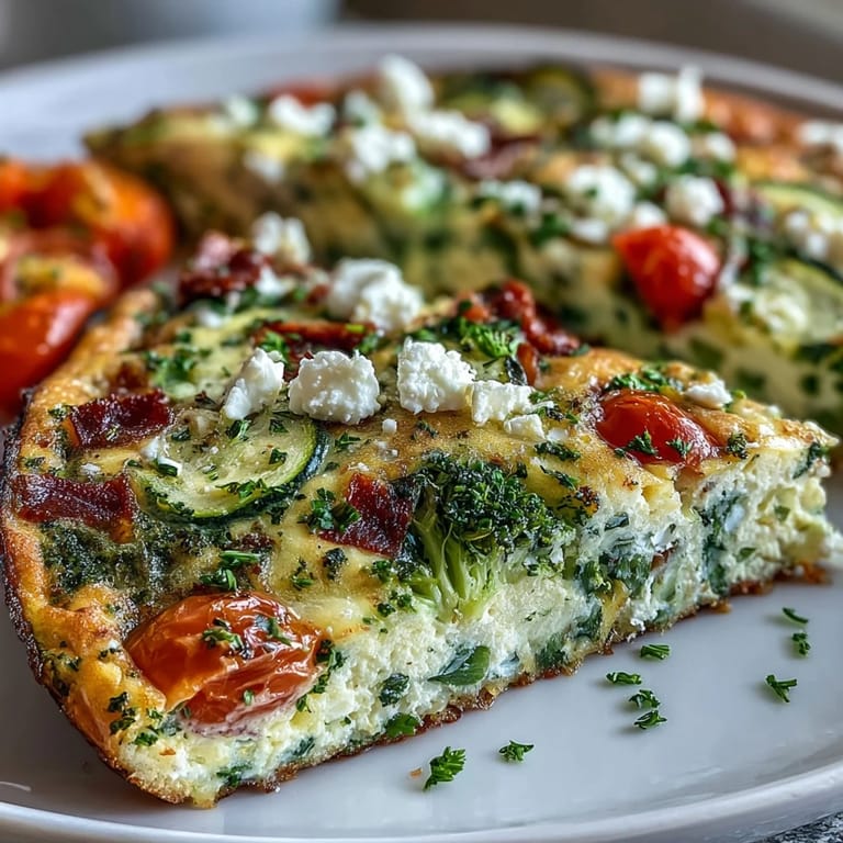 A protein-rich egg white frittata loaded with zucchini, cherry tomatoes, and feta cheese, perfect for a low-calorie and filling breakfast.