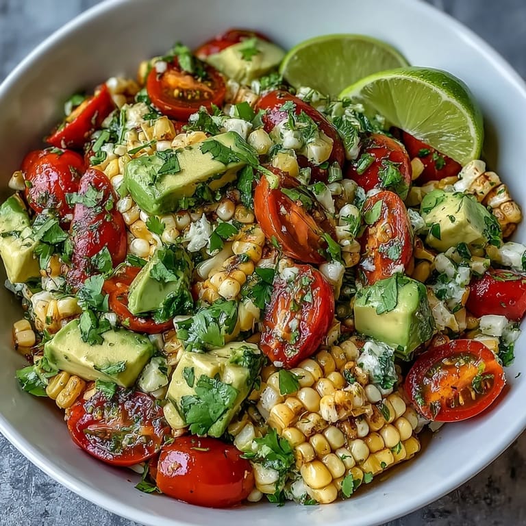 Bright, refreshing salad featuring ripe avocado, cherry tomatoes, and golden corn tossed in a citrusy lime vinaigrette.