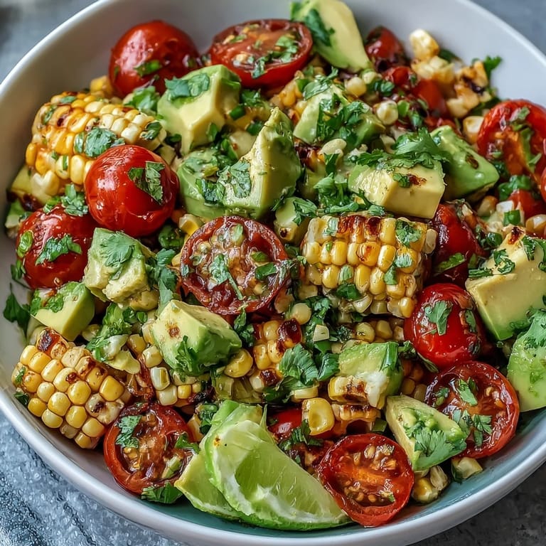 Vibrant corn, tomato, and avocado salad drizzled with tangy lime dressing, perfect for warm-weather meals or picnics.  