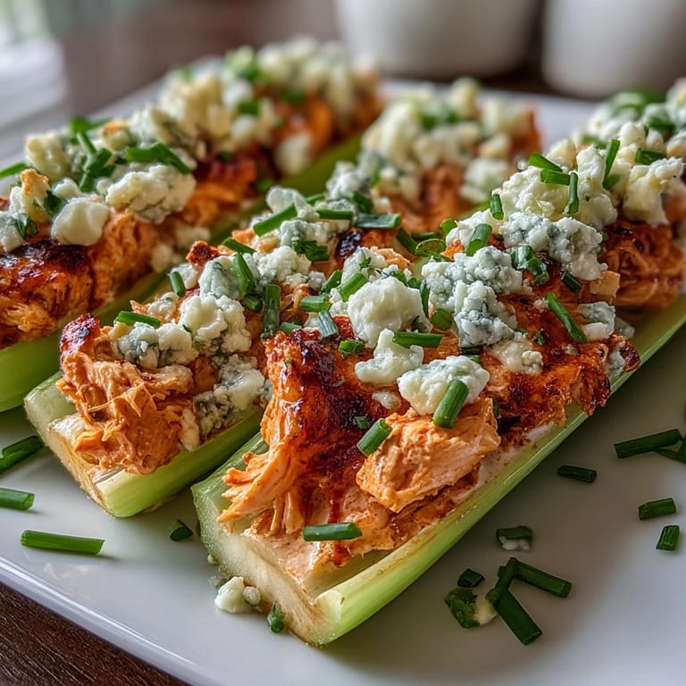 Spicy buffalo chicken and creamy blue cheese stuffed inside crisp celery sticks, arranged as an easy keto appetizer perfect for game day snacking or low-carb entertaining.