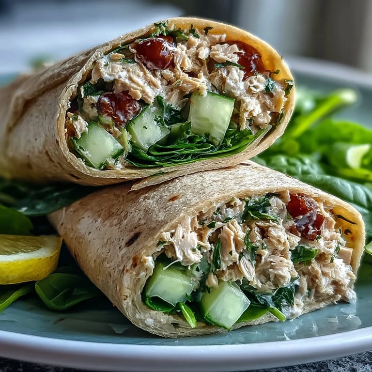 Wholesome tuna and creamy white bean salad tucked into whole wheat wraps, loaded with crunchy cucumber and juicy tomatoes.