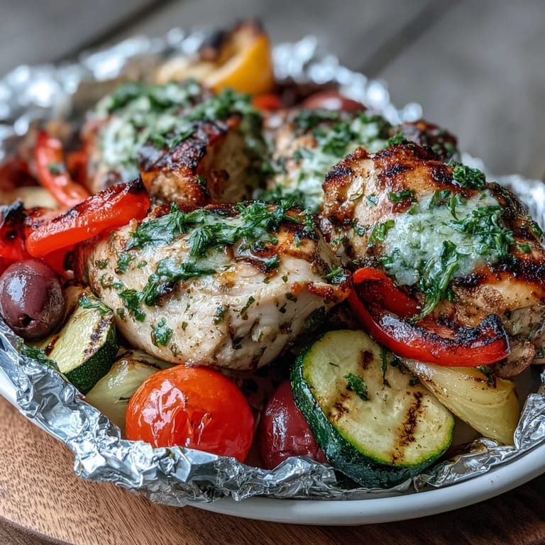 Juicy chicken breast and fresh vegetables seasoned with lemon, oregano, and olive oil, baked in foil for easy cleanup.  