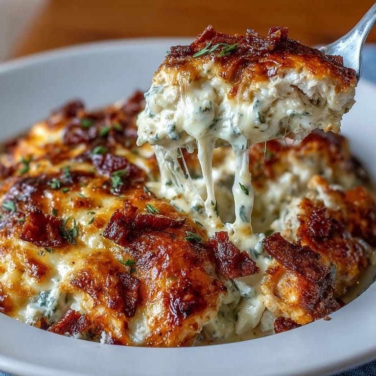 Creamy, cheesy, and spicy Keto Jalapeño Popper Chicken Casserole with Cauliflower Rice, garnished with fresh jalapeño slices and green onions.