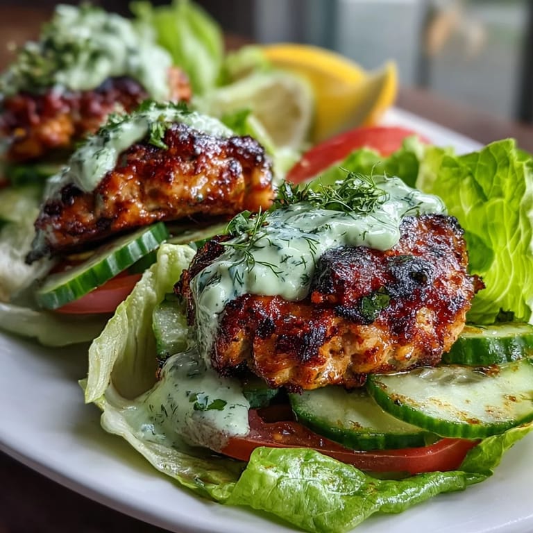 Fresh turkey burgers nestled in butter lettuce with sliced cucumber, tomato, and rich avocado ranch dressing for a low-carb dinner.