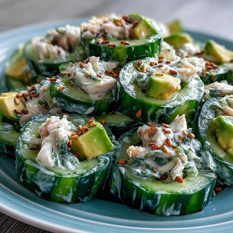 Fresh cucumber salad inspired by California rolls, featuring crisp cucumbers, creamy avocado, and savory crab in a rich, tangy dressing.  
