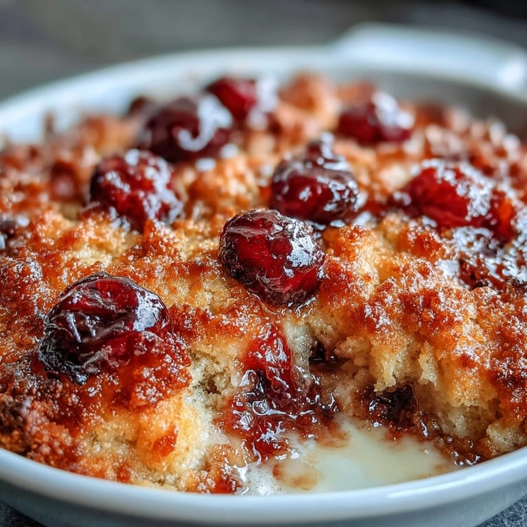 Warm cranberry cobbler with golden crust, served with vanilla ice cream for a classic holiday treat.