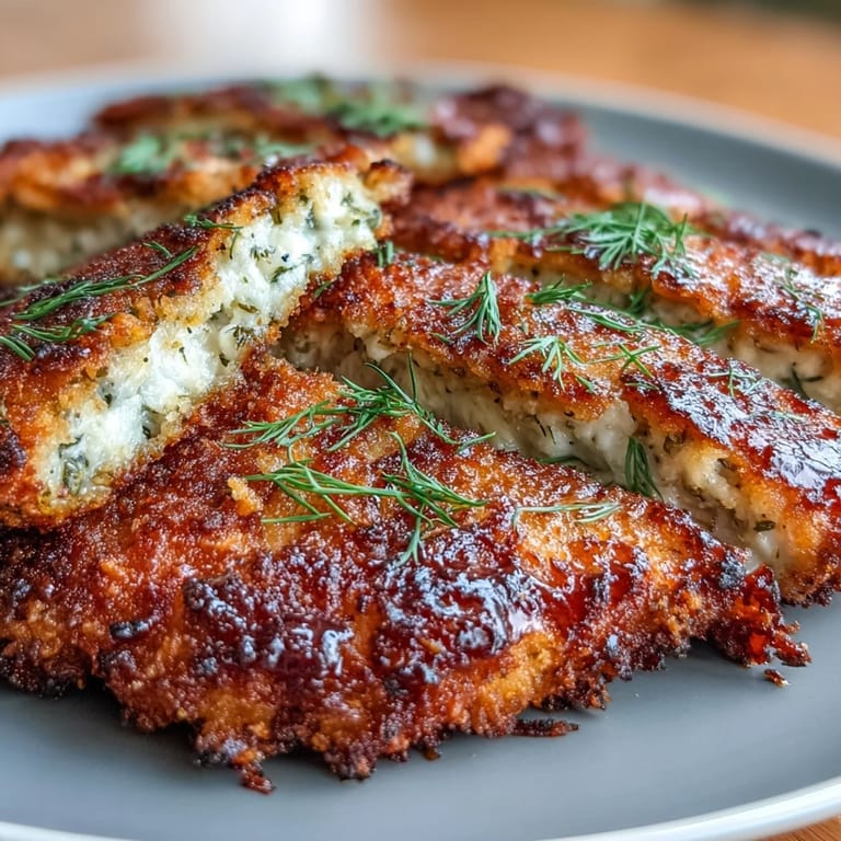 Crunchy dill pickle Parmesan chicken cutlets coated in savory breadcrumb-Parmesan mix, fried until golden.  