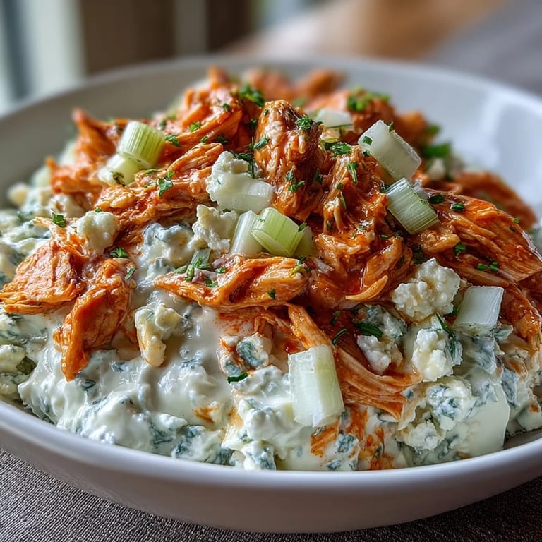Creamy buffalo chicken salad with cottage cheese, mixed with crunchy celery, sweet onion, and cheddar cheese for a protein-rich, zesty meal.