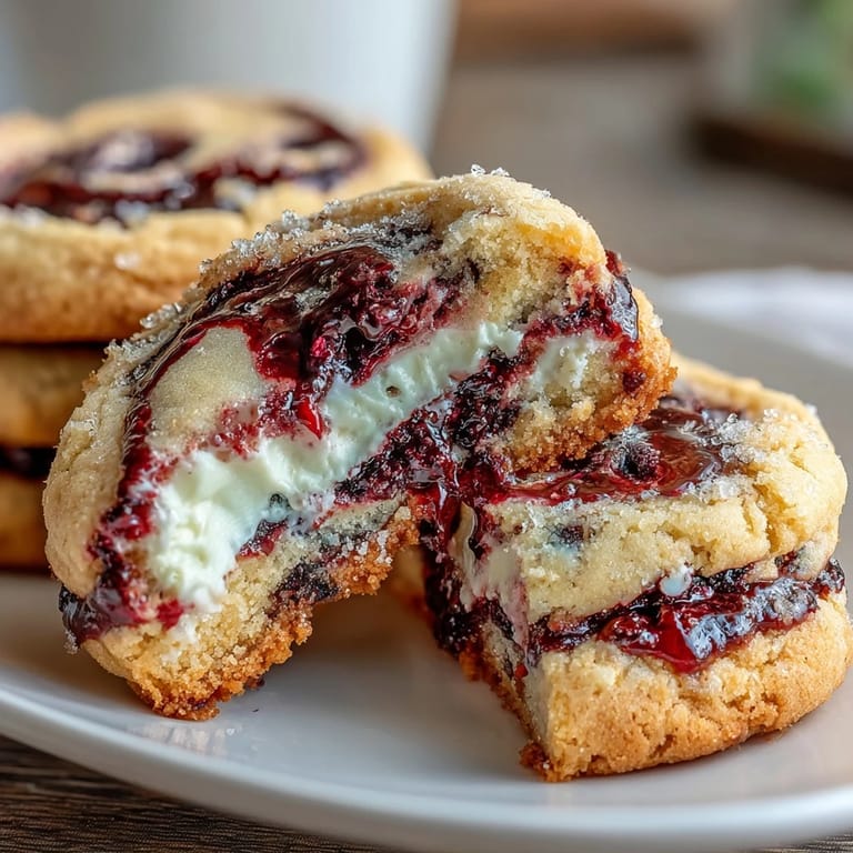 Decadent Easy Blueberry Cheesecake Swirl Cookies feature marbled cheesecake and blueberry filling in a tender, golden cookie.  