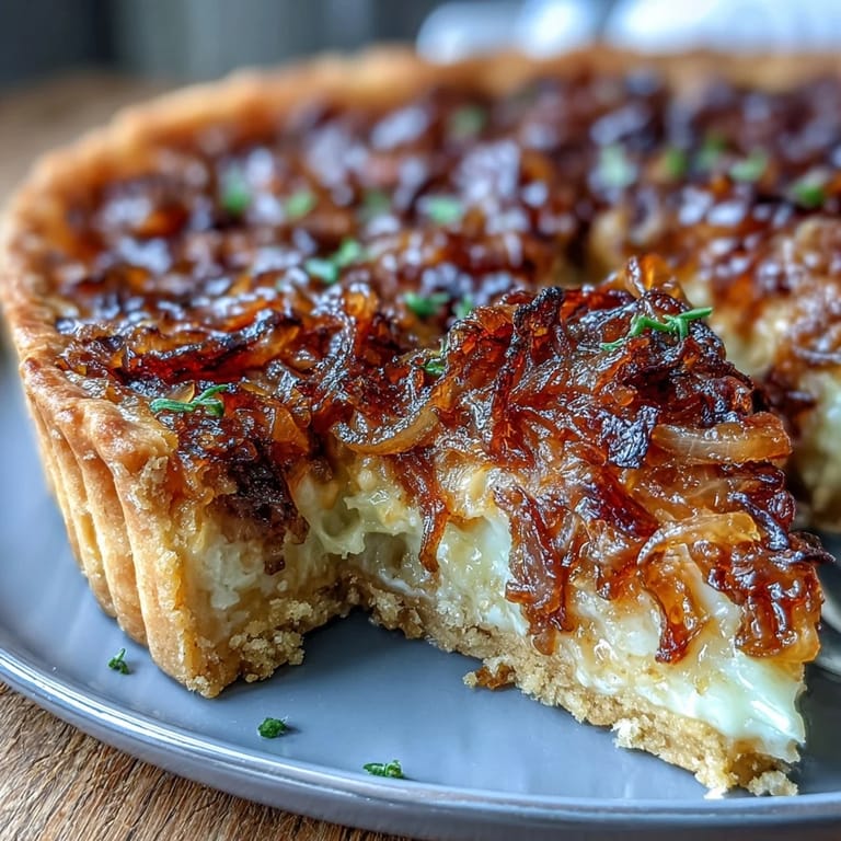 Elegant savory tart filled with rich Gruyere and slow-cooked caramelized onions, perfect for a refined brunch presentation.  
