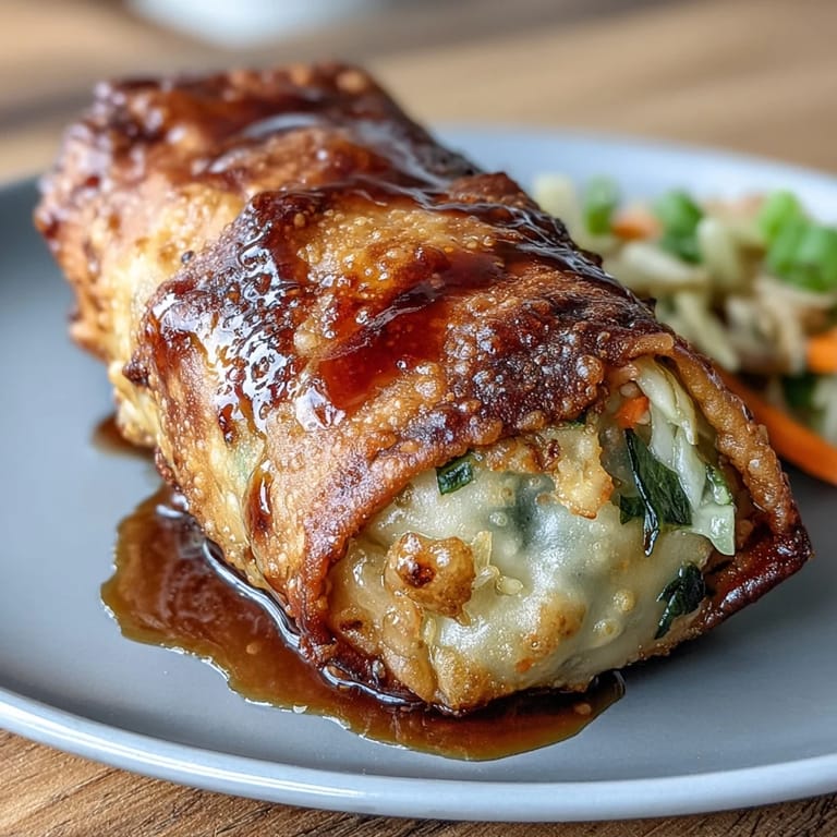 Air-fried vegetable egg rolls with a crunchy exterior, filled with fresh veggies and complemented by a zesty soy-ginger glaze.